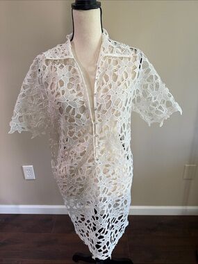 Women's White Crochet Swim Coverup Shirt Dress Size S
